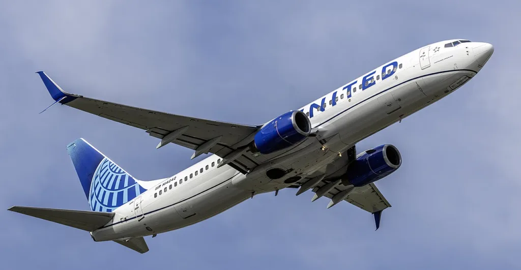 United Airlines Boeing 737-800 taking off at Baltimore-Washington International Airport in April 2025