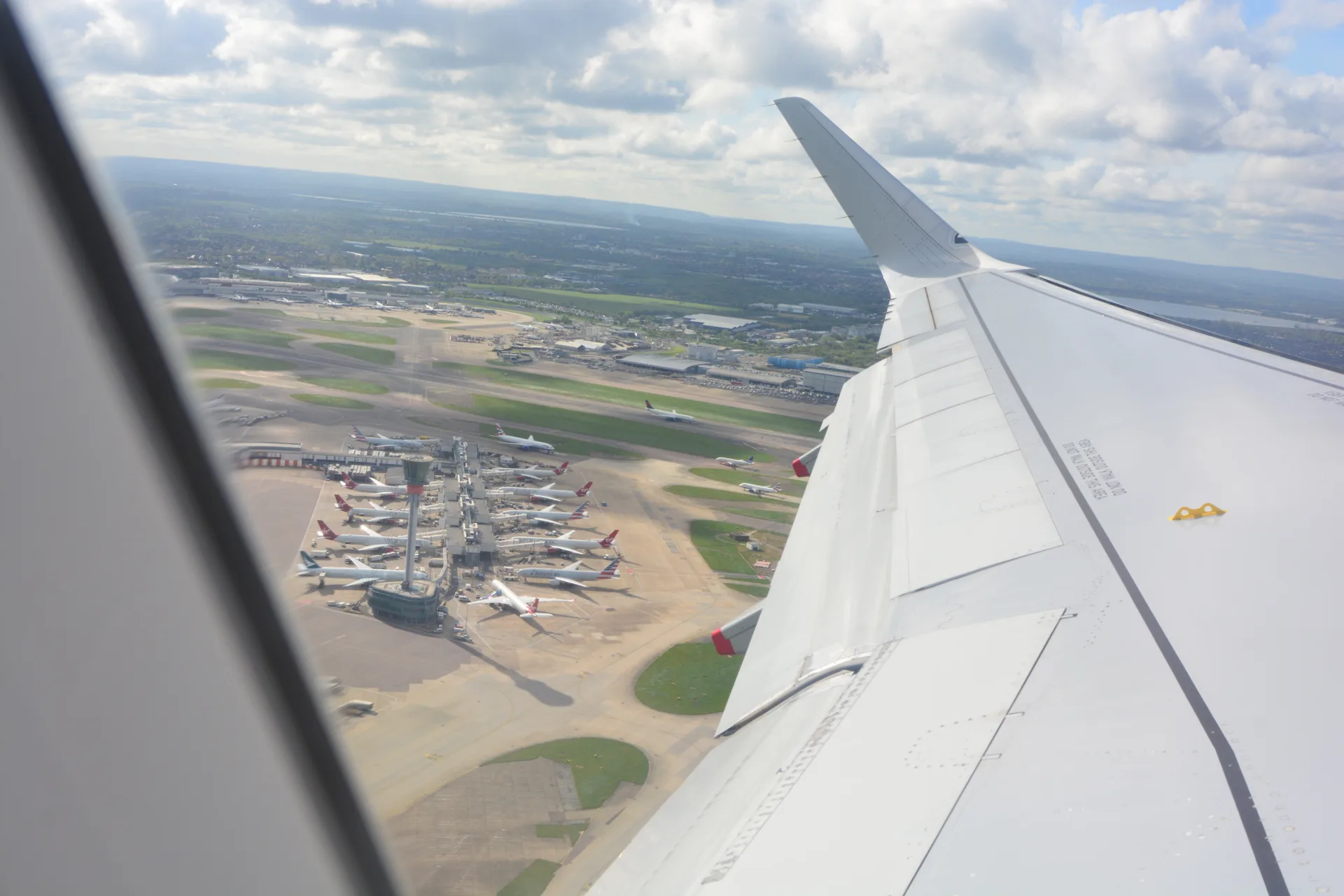 Virgin Atlantic aircraft and airport infrastructure seen from above at Heathrow in April 2024