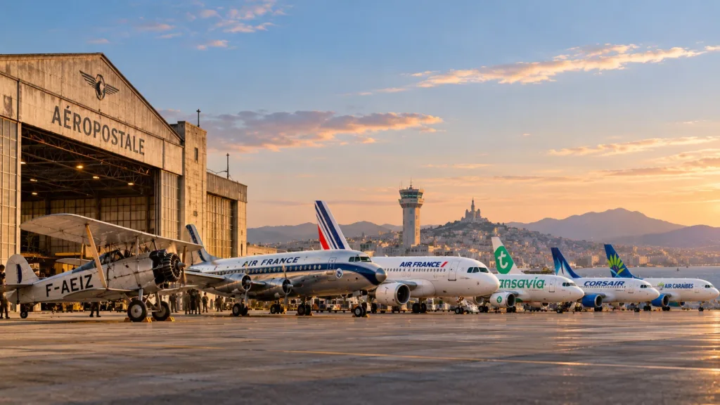 Image de synthèse montrant des avions de différentes époques stationnés côte à côte, des premiers appareils de l’Aéropostale aux compagnies françaises contemporaines.