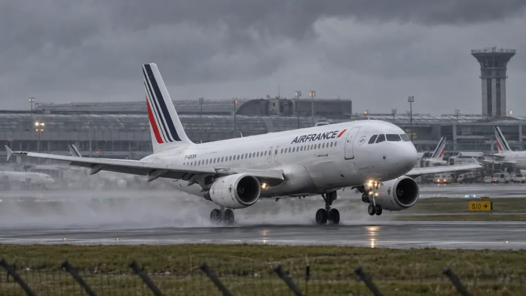 Illustration d’un avion Air France incliné en approche d’une piste d’aéroport sous un ciel orageux