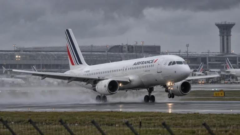 Illustration d’un avion Air France incliné en approche d’une piste d’aéroport sous un ciel orageux