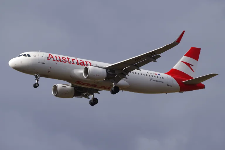 Austrian Airlines Airbus A320 OE-LZE photographed at Berlin Brandenburg Airport in March 2026