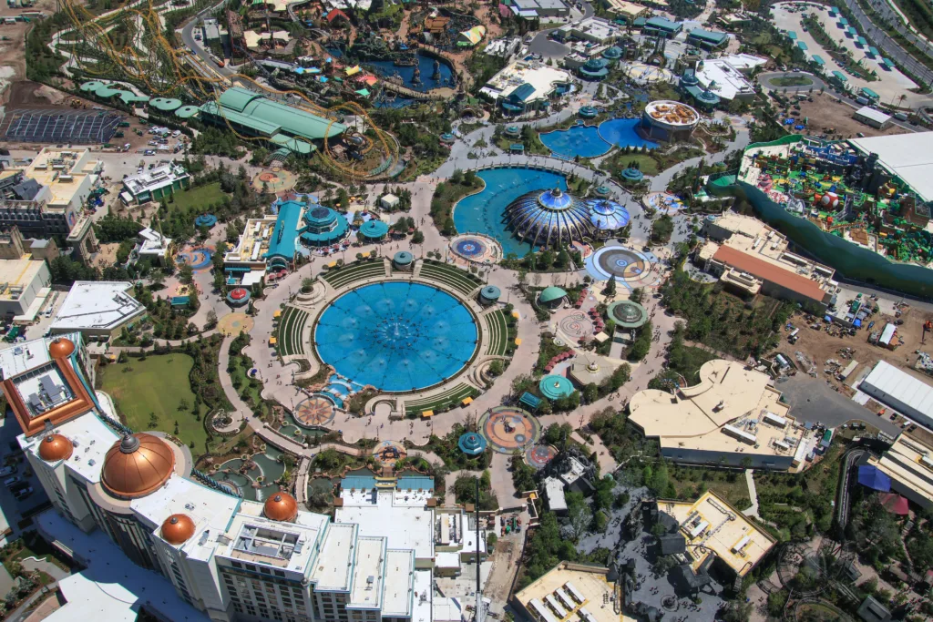 Aerial panorama of Celestial Park fountains and attractions at Universal Epic Universe in sunny Orlando