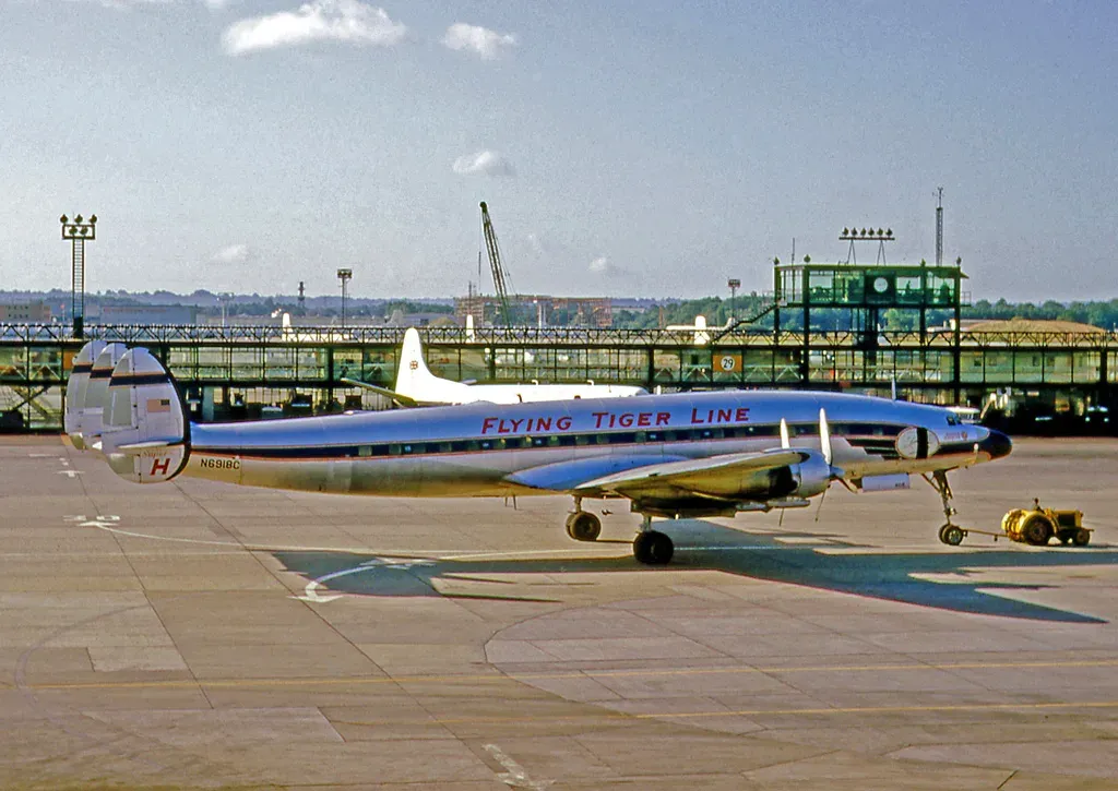 Flying Tiger Line Lockheed L-1049H N6918C at London Gatwick in 1964