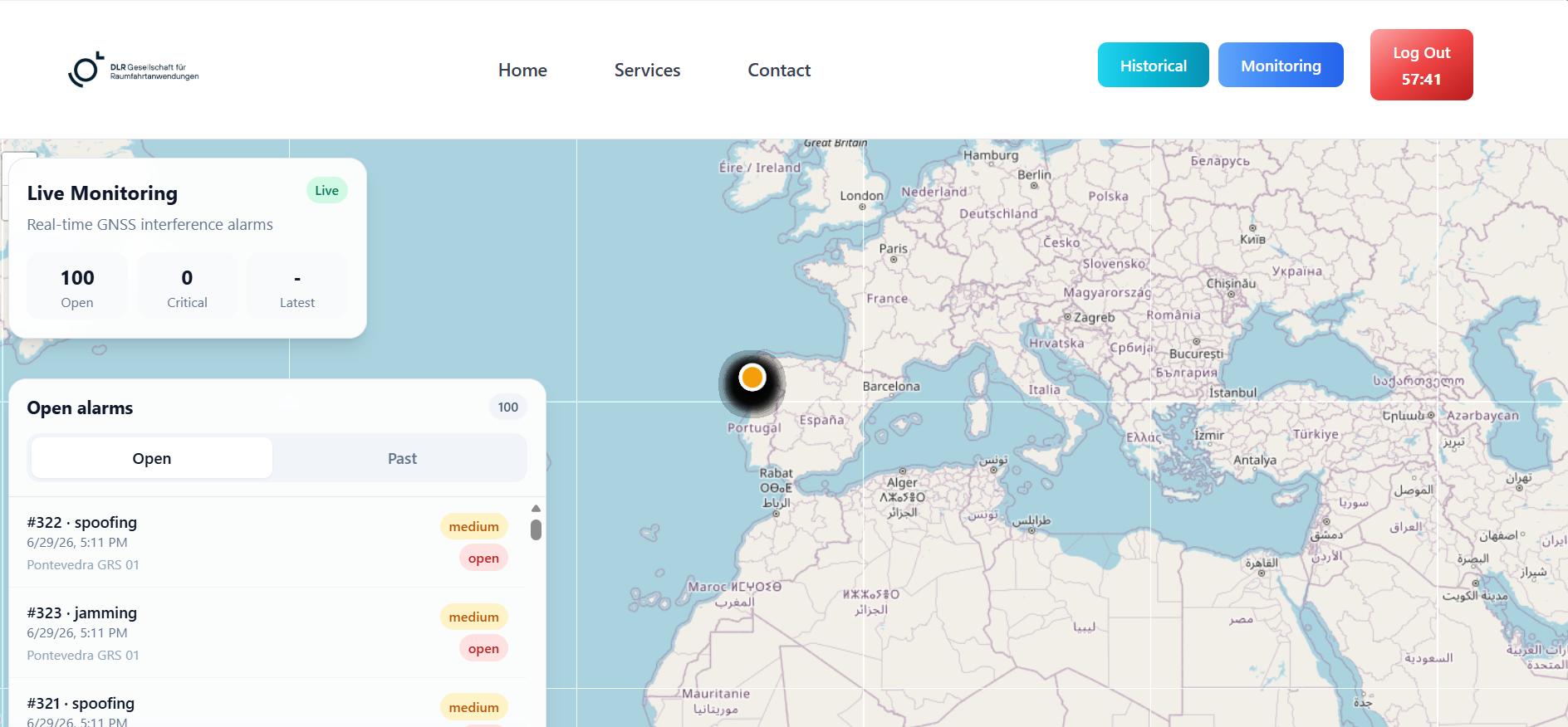 خريطة مراقبة تداخلات GNSS في أوروبا وشرق المتوسط