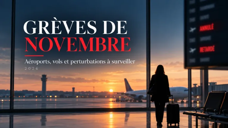 Illustration d’un terminal d’aéroport au crépuscule, avec une voyageuse, un avion et le titre Grèves de novembre 2026