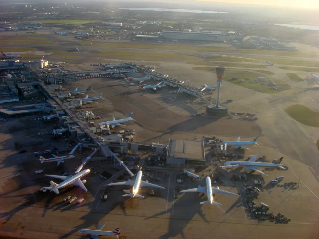 Aerial view of London Heathrow Terminal 3, aircraft stands and control tower in January 2010