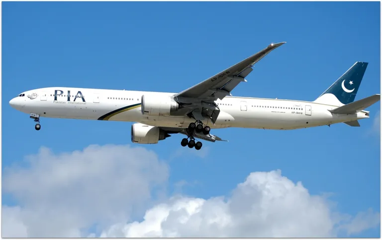 Pakistan International Airlines Boeing 777 approaching Manchester Airport in June 2015, archive photograph