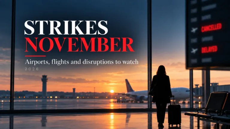 Illustration of an airport terminal at dusk, with a traveller, aircraft and November Strikes 2026 headline