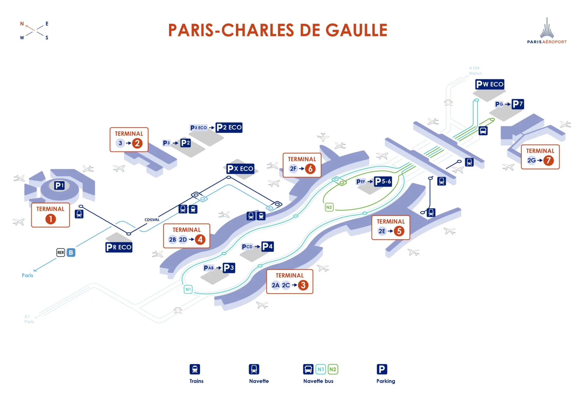 Plan officiel de Paris-Charles-de-Gaulle en février 2026, avec les terminaux et principaux accès.