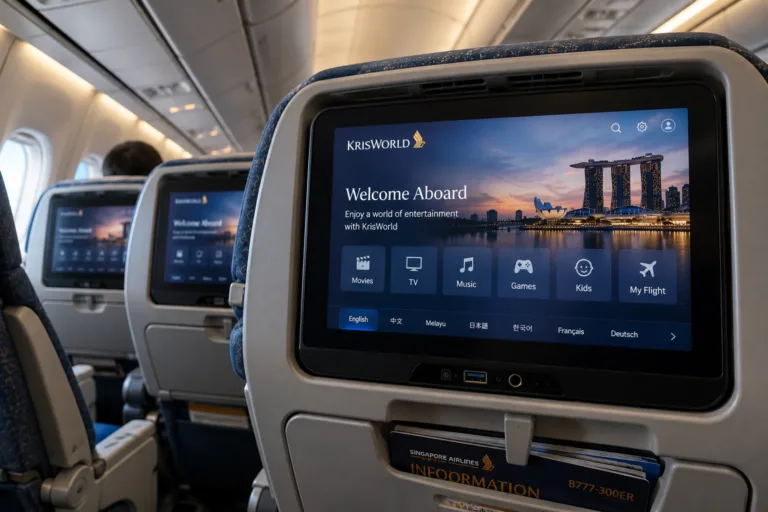 Illustration générée par IA d’un écran de divertissement fictif KrisWorld dans une cabine d’avion.