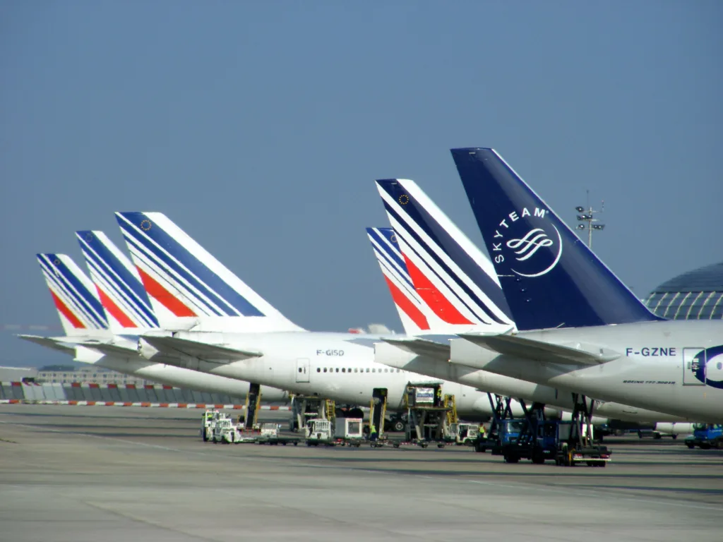 Six avions Air France stationnés à Paris-CDG en juin 2010, plusieurs livrées dont SkyTeam, photographie d’archives.
