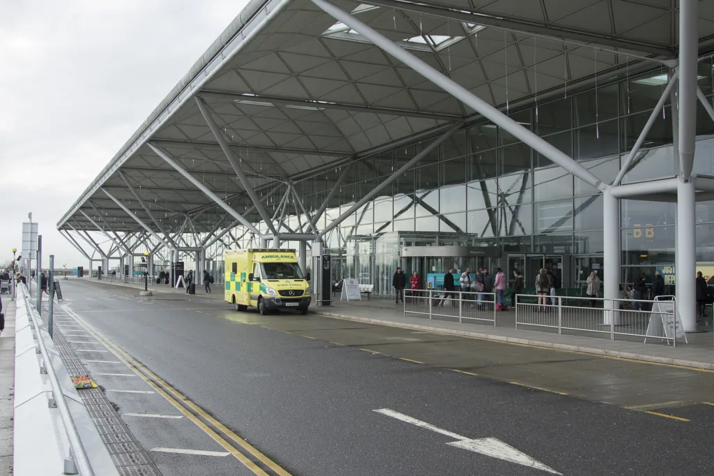 Exterior of London Stansted Airport terminal, archive photograph from January 2018