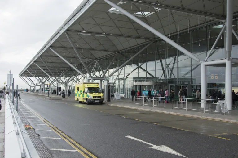 Exterior of London Stansted Airport terminal, archive photograph from January 2018